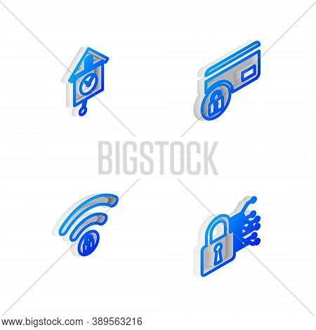 Set Isometric Line Credit Card With Lock, Retro Wall Watch, Wifi Locked And Cyber Security Icon. Vec