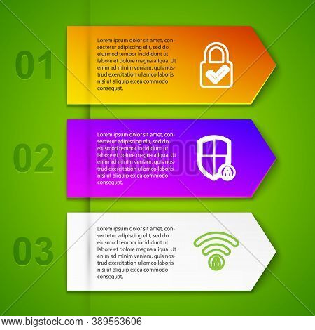 Set Line Lock And Check Mark, Shield Security With Lock, Wifi Locked And Cyber. Business Infographic