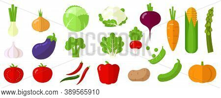 Flat Design Vector Fresh Raw Vegetables Icon And Design Element Set.