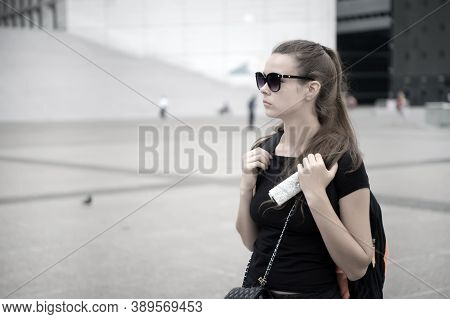 Traveling To Meet Yourself. Sexy Woman Travel Over City. Sensual Woman Enjoy Traveling. Landmarks An