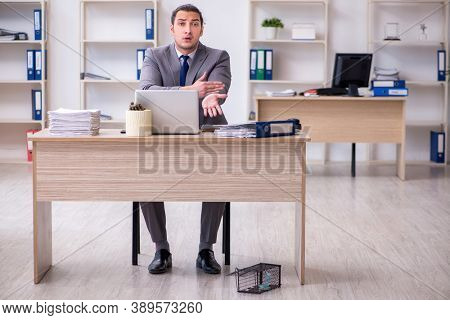 Young male employee and mousetrap in the office