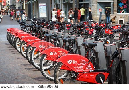 Lille, France - July 18, 2013. Transpole Free Bike Rental Station In A Street In Lille City Centre, 