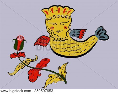 Vector Traditional Folk Bird With Flower On Grey Background