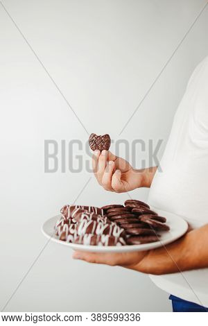 Weight Loss, Overweight, Diet, Unhealthy Eating. Obese Man Overeating Sweets. Fat Guy With Plate Of 