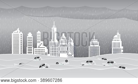 Flood Natural Disaster With House, Heavy Rain And Storm , Damage With Home, Clouds And Rain, Floodin