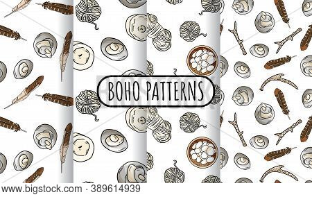 Set Of Bohemian Seamless Border Patterns. Indigenous Boho Doodles Background. Hand Drawn Hygge Wallp