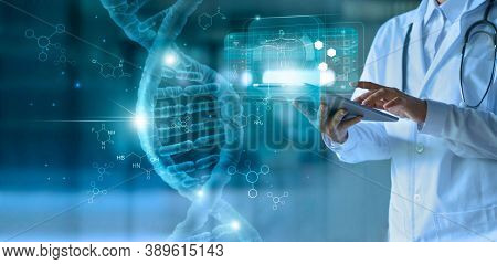 3d Render Of Dna Molecule Structure. Dna Abstract, Concept Dna Futuristic On Hi Tech Blue Background