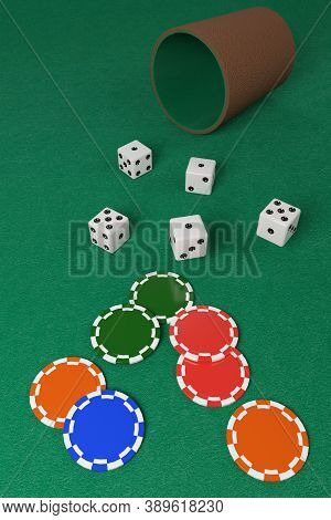 Dice And Dice Cup And Chips On A Green Cloth. 3d Illustration.