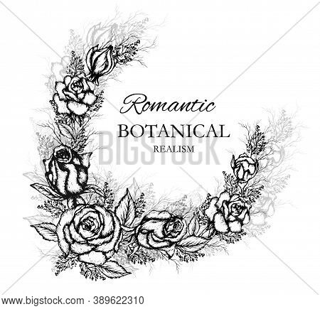 Decorative Element Made Of Roses. Sheet. Monochrome, Hand-drawn In A Realistic Style. A Modern Decor