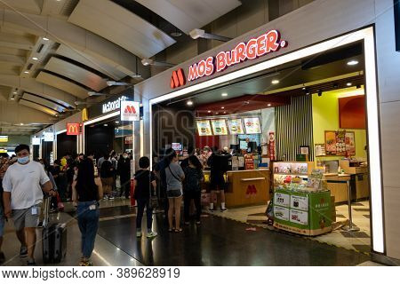 Banqiao, Taiwan - Oct 4th, 2020: Mos Burger at Banqiao Bus and MRT Station in New Taipei city, Taiwan