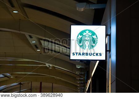 Banqiao, Taiwan - Oct 4th, 2020: Starbucks at Banqiao Bus and MRT Station in New Taipei city, Taiwan