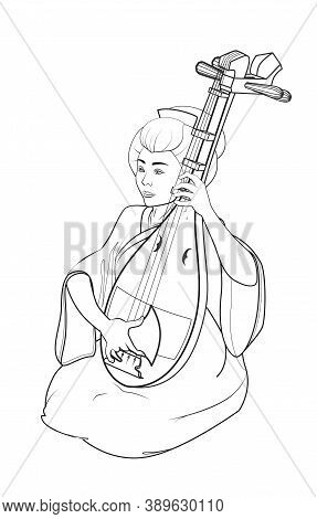 Japanese Girl Playing A Stringed Musical Instrument Biwa