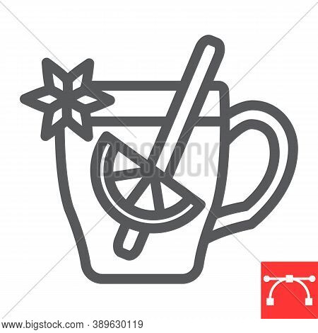 Mulled Wine Line Icon, Merry Christmas And Invitation, Glass Of Mulled Wine Sign Vector Graphics, Ed