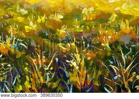 Original Oil Painting Abstract Background Grass Flowers In Rays Of Sun Fragment Of Painting On Canva
