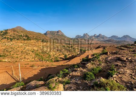 Beautiful Sunrise Highland Landscape In Tigray Region On The Road To Near City Mekelle. Ethiopia, Af