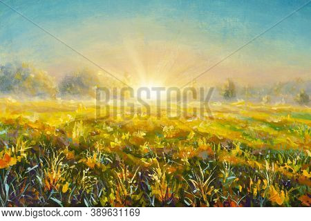 Original Oil Painting Abstract Background Grass Flowers In Rays Of Sun Fragment Of Painting On Canva