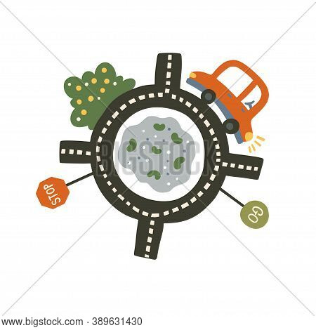 Red Car, Stop And Go Signs Vector Illustration For Baby Boy Shirt And Room Designs. Cute Vehicle On 