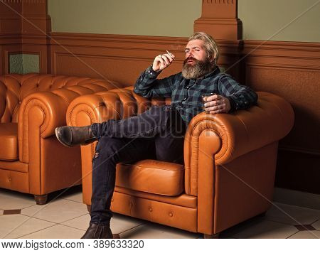 Brutal Man Drinking Whiskey And Smoking Cigarette. Bearded Male Sit In Luxury Leather Armchair. Luxu
