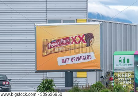 Reykjavik, Iceland - June 20, 2020: Prince Polo Chocolate Bar Billboard.