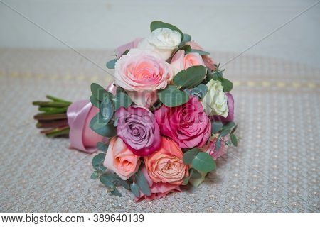Multi-colored Wedding Flower . Colorful Flower Bouquet From Roses Isolated On White Background . Ros