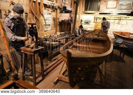 Istanbul, Turkey - September 20, 2020: Old Boat Builder Recreation In Rahmi M. Koc Industrial Museum