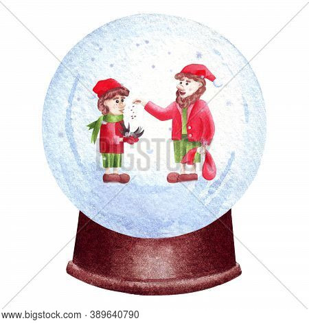 Two Clauss Helpers Take Care Of Birds. Composition In Snow Globe