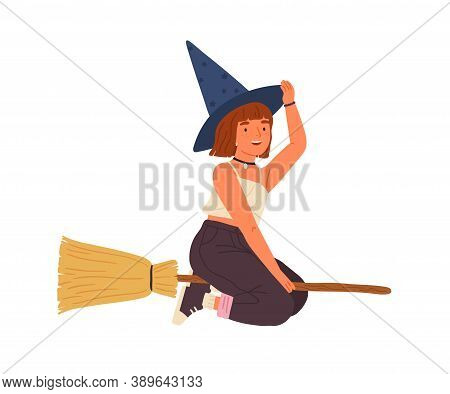 Cute Girl In Witch Hat Flying On Broomstick. Happy Female Wizard Or Sorcerer Sitting On Magic Broom.