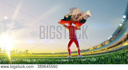 Soccer Player After Winner Game Championship Hold Flag Of Serbia. Polygon Style 3d Render Illustrati