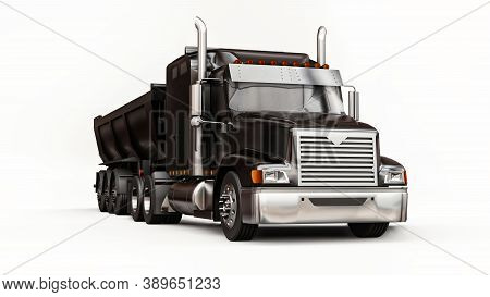 Large Black American Truck With A Trailer Type Dump Truck For Transporting Bulk Cargo On A White Bac