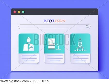 Set Barrel Oil Leak, Businessman Or Stock Market Trader And Oil Rig With Fire Icon. Vector
