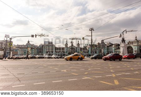 Moscow, Russia - March 09. 2020:  Tverskaya Street, Belorussky Railway Station Square. Spring Day.