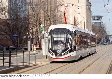 Moscow, Russia - March 09. 2020:  - March 09. 2020: Tram To Lesnaya Street