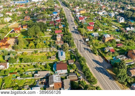 Top View Of Volokolamsk Highway Passing Through The Village Near Moscow