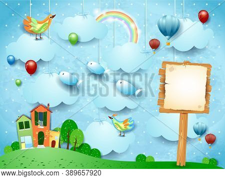 Surreal Landscape With Town, Sign, Birds And Flying Fisches.