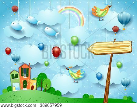 Fantasy Landscape With Town, Arrow Sign, Birds And Flying Fisches.