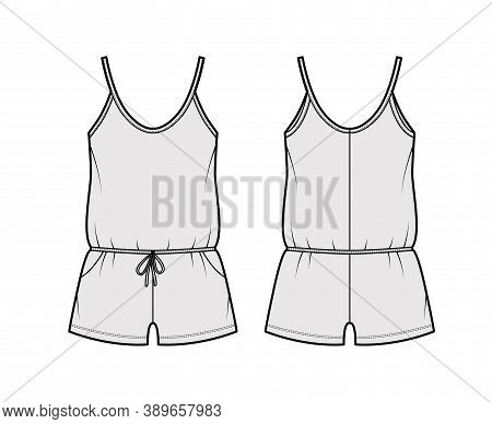 Teddy Romper Bodysuit Technical Fashion Illustration With Scoop Neck, Shirred Shorts. Flat One-piece