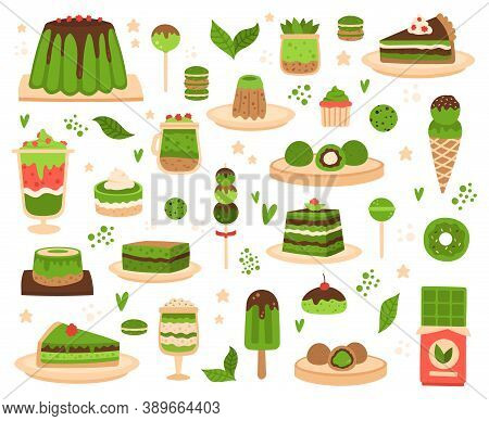 Matcha Desserts. Japanese Matcha Powder Products, Mochi, Ice Cream, Cake, Macarons And Pudding, Matc