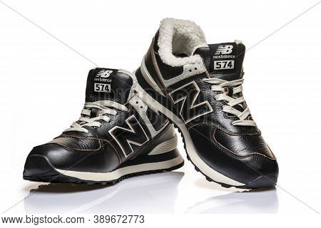 Krasnoyarsk, Russia, October 13, 2020: New Autumn Winter Sneakers New Balance 574 On A White Backgro