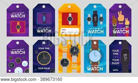 Watches Retail Tags Design Set. Wristwatches In Box And On Human Arms Vector Illustration. Marketing