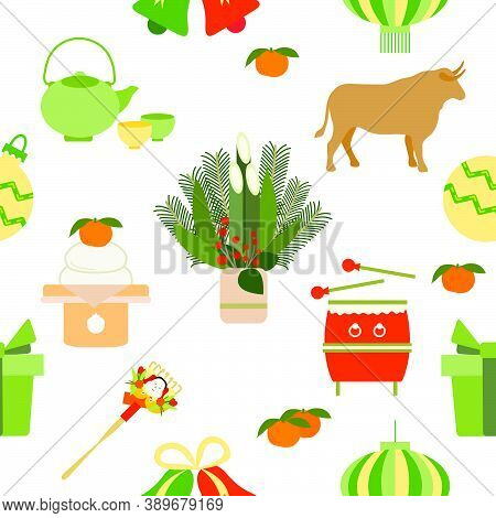 Vector Seamless Pattern Symbols Of Japanese New Year 2021. Ox, Asian Lantern, Drum, Kettle Cup, Food