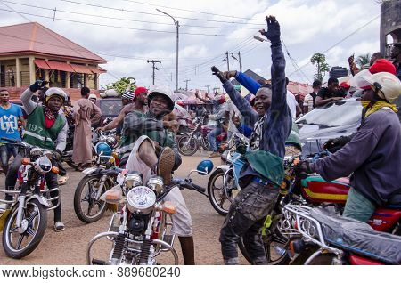 Lagos, Nigeria - October 12, 2020: Group Of Nigerian Youths Protesting Around The City About End Sar