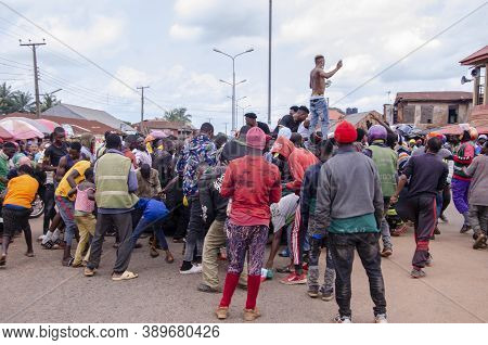 Lagos, Nigeria - October 12, 2020: Group Of Nigerian Youths Protesting Around The City About End Sar