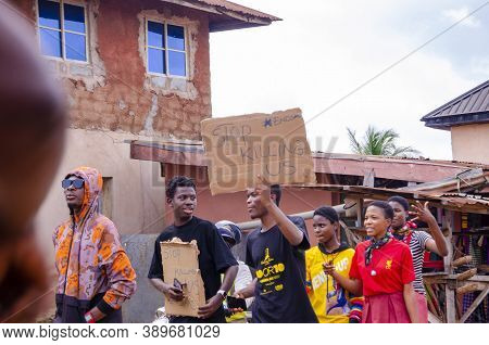 Lagos, Nigeria - October 12, 2020: Group Of Nigerian Youths Protesting Around The City About End Sar