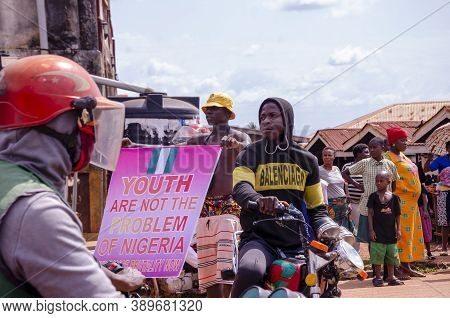 Lagos, Nigeria - October 12, 2020: Group Of Nigerian Youths Protesting Around The City About End Sar