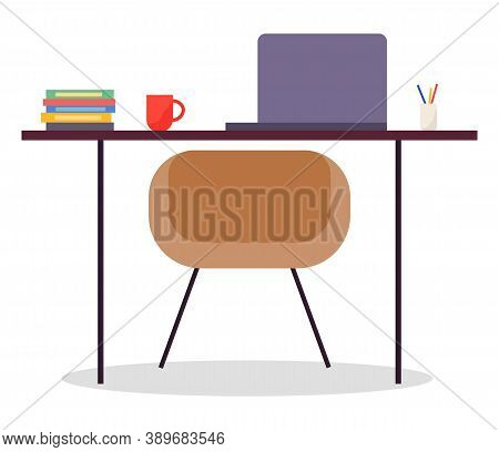 Office Metal Or Wooden Table, Laptop, Stationery, Red Cup, Colored Folders Stack, Round Beige Chair 