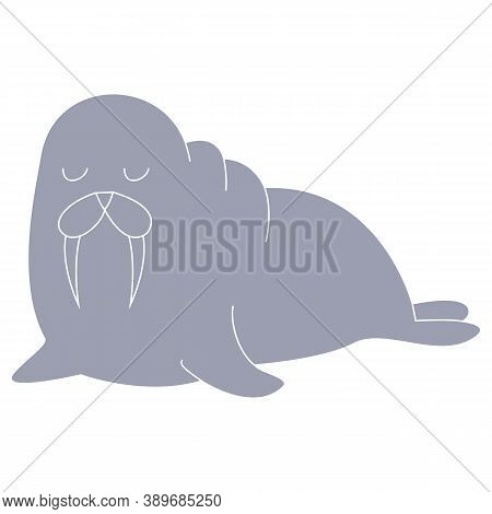 Cartoon Cute Walrus Isolated On White Background