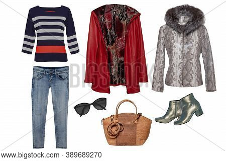 Collage Woman Clothes. Set Of Stylish And Luxurious Trendy Women Jeans With Sweater Or Blouse, Jacke