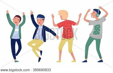 Young Boy Dancing To Music Raising Up Hands Vector Illustration Set