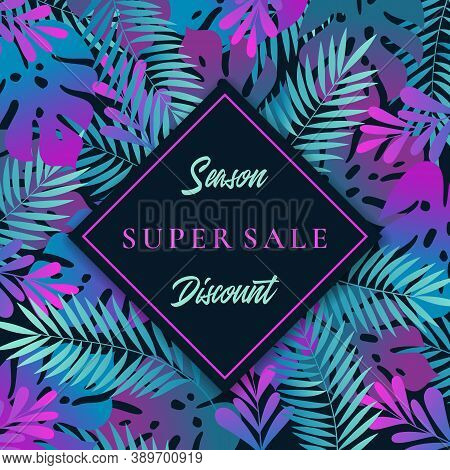 Tropical Leaves Abstract Vector Banner Or Invitation Template. Monstera Fern And Other Foliage Backg