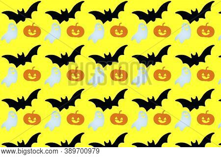 Halloween Seamless Pattern With Pumpkins, Bat And Ghosts On A Yellow Background Wrapping Paper.